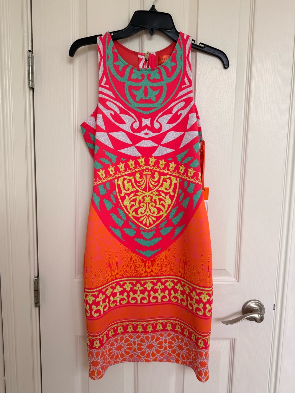 Hale Bob Coral Pink & Teal Patterned Midi Dress